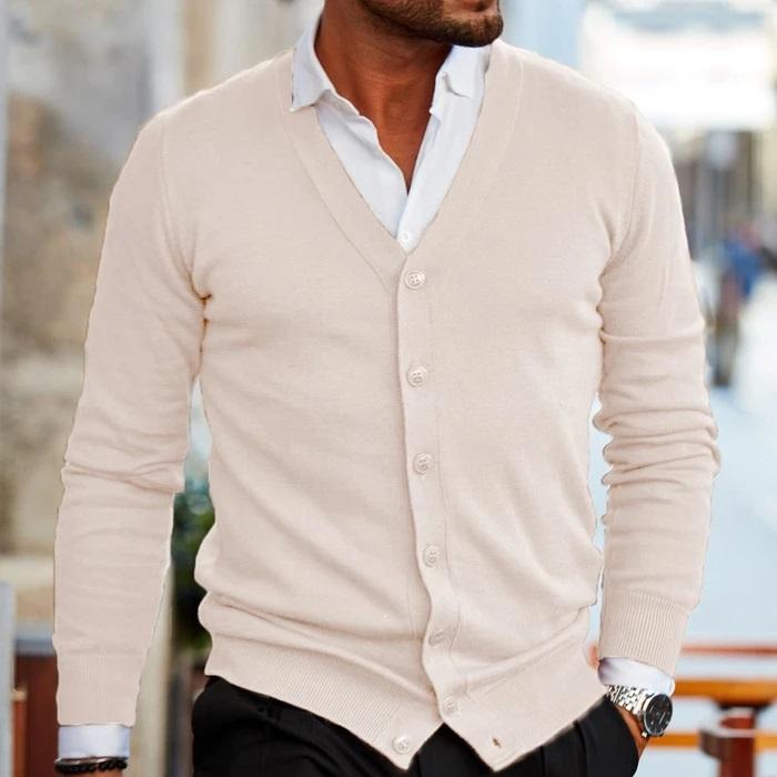 Elegant men's V-neck button-front cardigan, offering timeless style and comfortable layering.