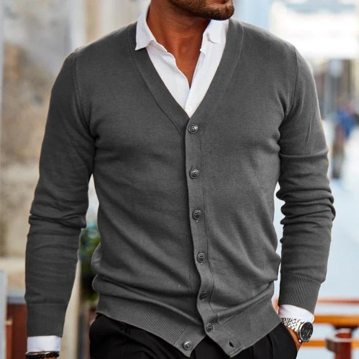 Versatile men's V-neck button cardigan, a classic menswear piece for autumn, winter, and smart casual looks.