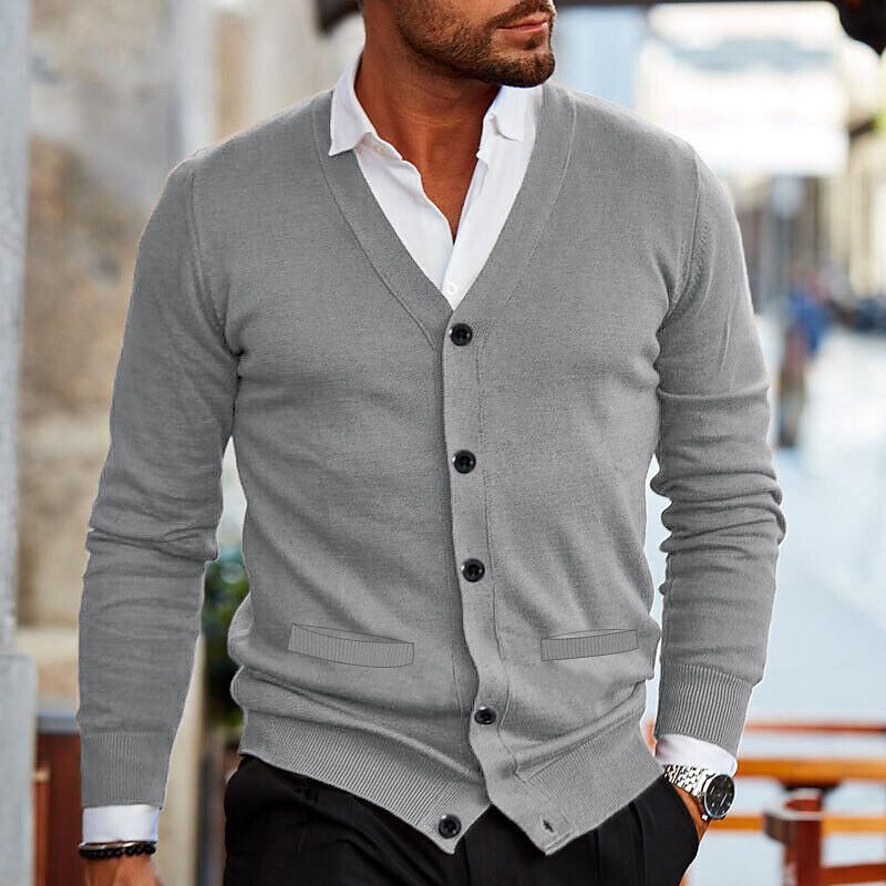 Comfortable men's V-neck button cardigan, perfect for stylish layering in business casual and everyday wear.