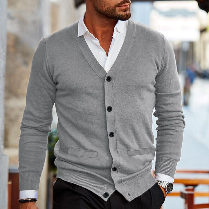 Comfortable men's V-neck button cardigan, perfect for stylish layering in business casual and everyday wear.