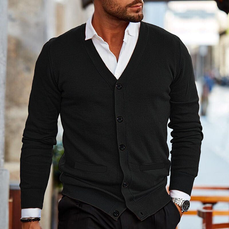 Essential men's V-neck button cardigan, a classic and stylish layering piece for any discerning man.