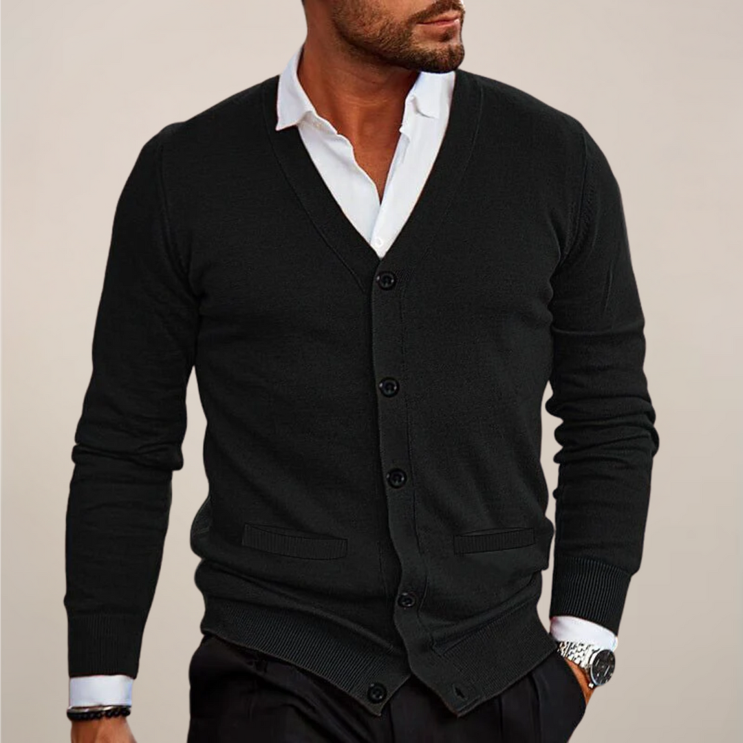 Men's V-neck button-up cardigan in a classic smart casual style, perfect for layering or office wear.