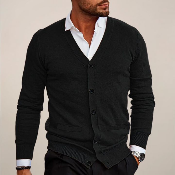 Men's V-neck button-up cardigan in a classic smart casual style, perfect for layering or office wear.