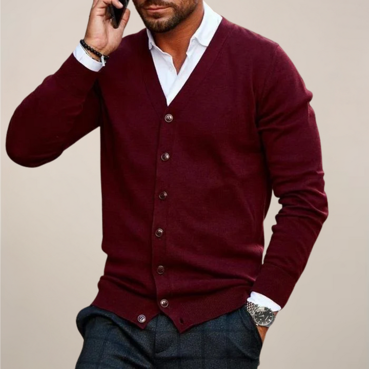 Soft knit men's V-neck cardigan with buttons, a versatile layering piece for smart casual outfits & fall fashion.