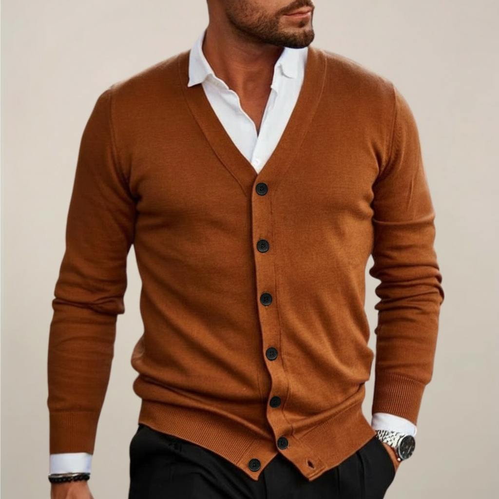 Stylish men's V-neck button cardigan, an essential menswear layering piece for smart casual and office wear.