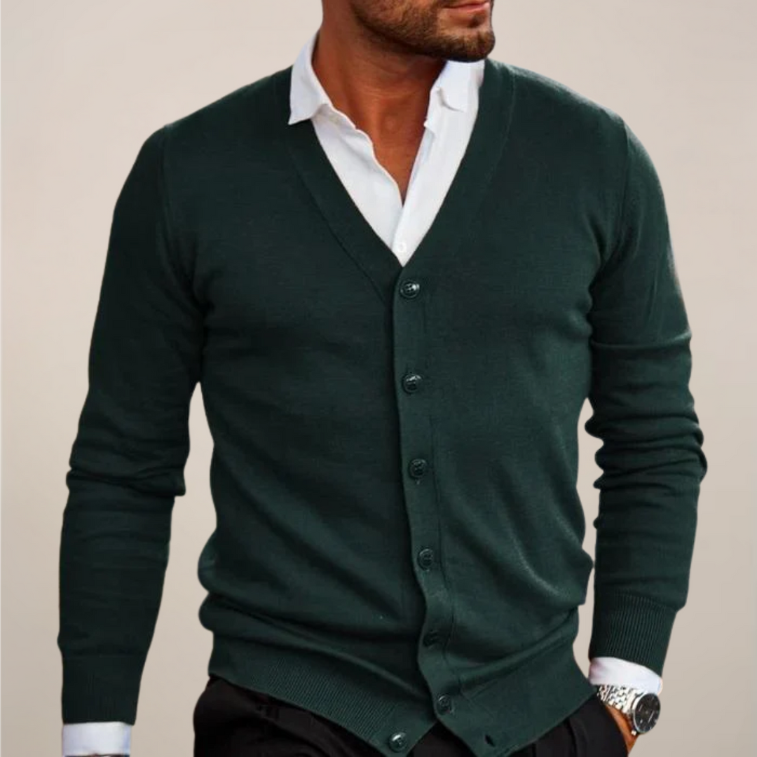 Fall fashion men's V-neck button-up cardigan, ideal for smart casual layering and adding warmth.