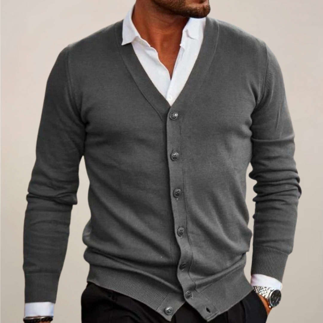 Classic men's V-neck button cardigan, a smart casual layer suitable for any occasion or office style.