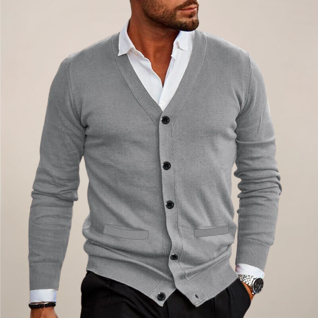 Elevate men's style with this V-neck button-up cardigan, a versatile smart casual layer for fall & office.