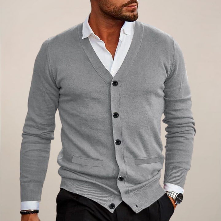 Elevate men's style with this V-neck button-up cardigan, a versatile smart casual layer for fall & office.