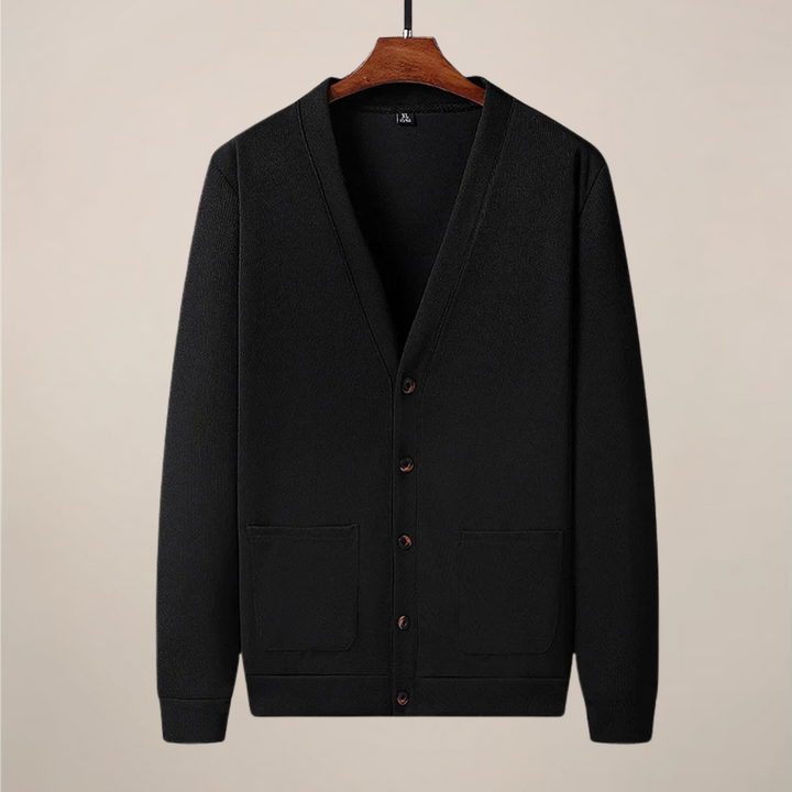 Fashionable men's V-neck button-up cardigan. Soft knitwear with pockets, great for casual or smart styling.