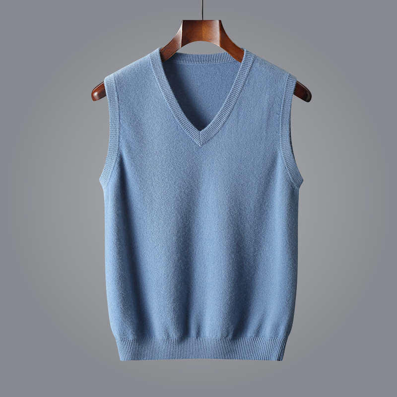 Stylish khaki men's V-neck knit vest, a sleeveless smart casual essential for modern men.