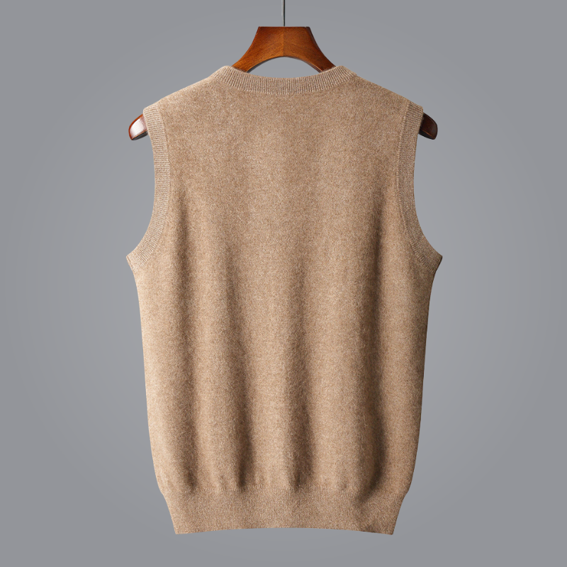 Khaki men's V-neck knit vest, a versatile smart casual layering piece for all seasons.