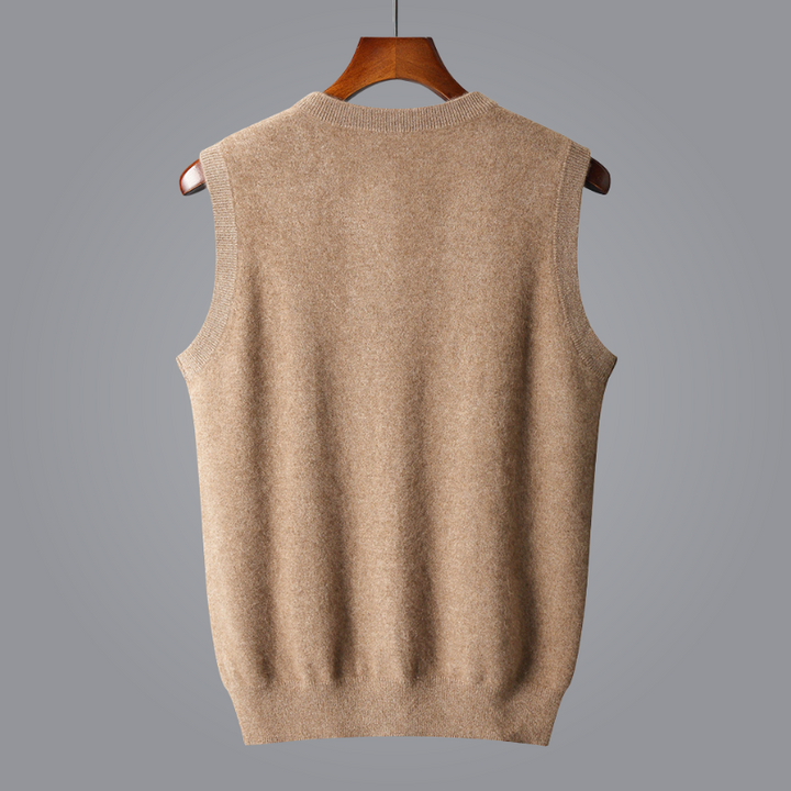Khaki men's V-neck knit vest, a versatile smart casual layering piece for all seasons.
