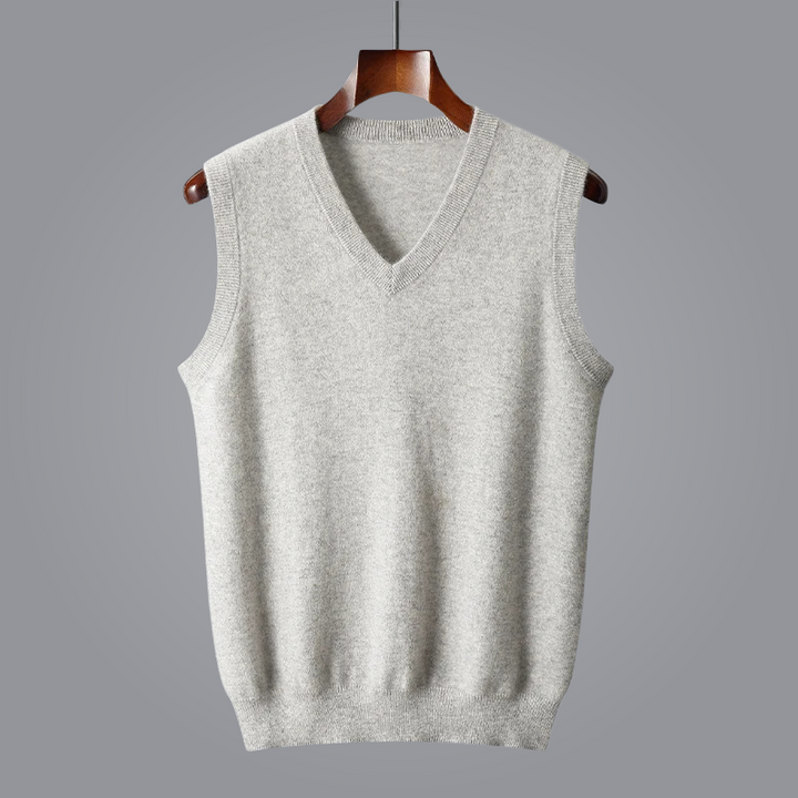 Men's fashion V-neck vest, a cozy knit sleeveless top for elegant casual style.