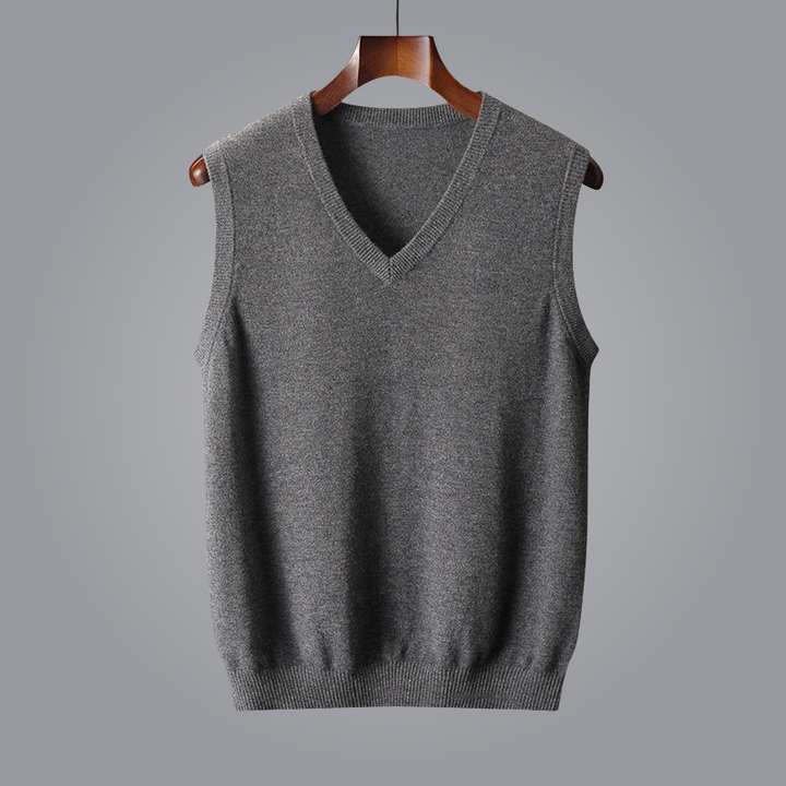 Comfortable men's V-neck knit vest, a versatile layering piece for smart casual wear.