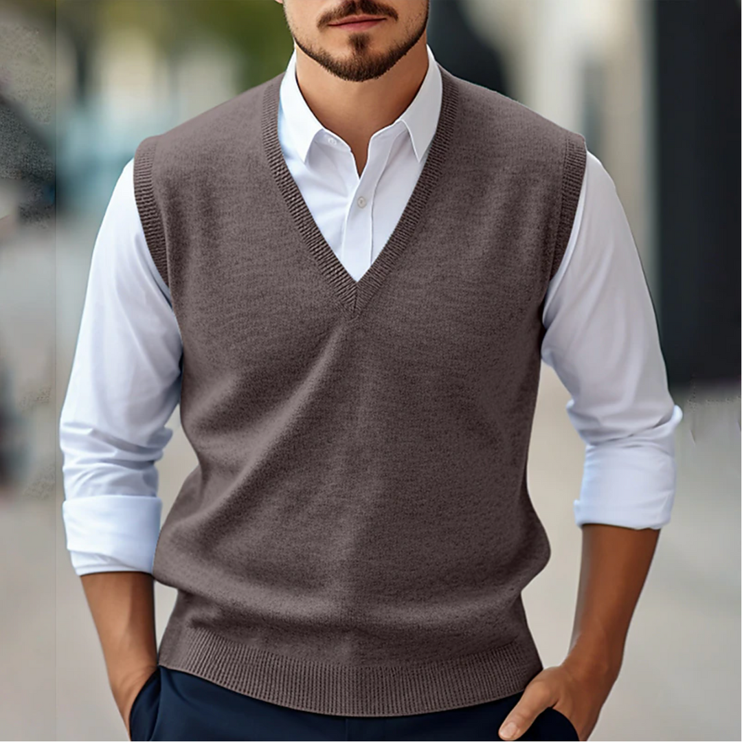 Blue men's layering V-neck vest, ideal for both casual and business casual wear, adding style.