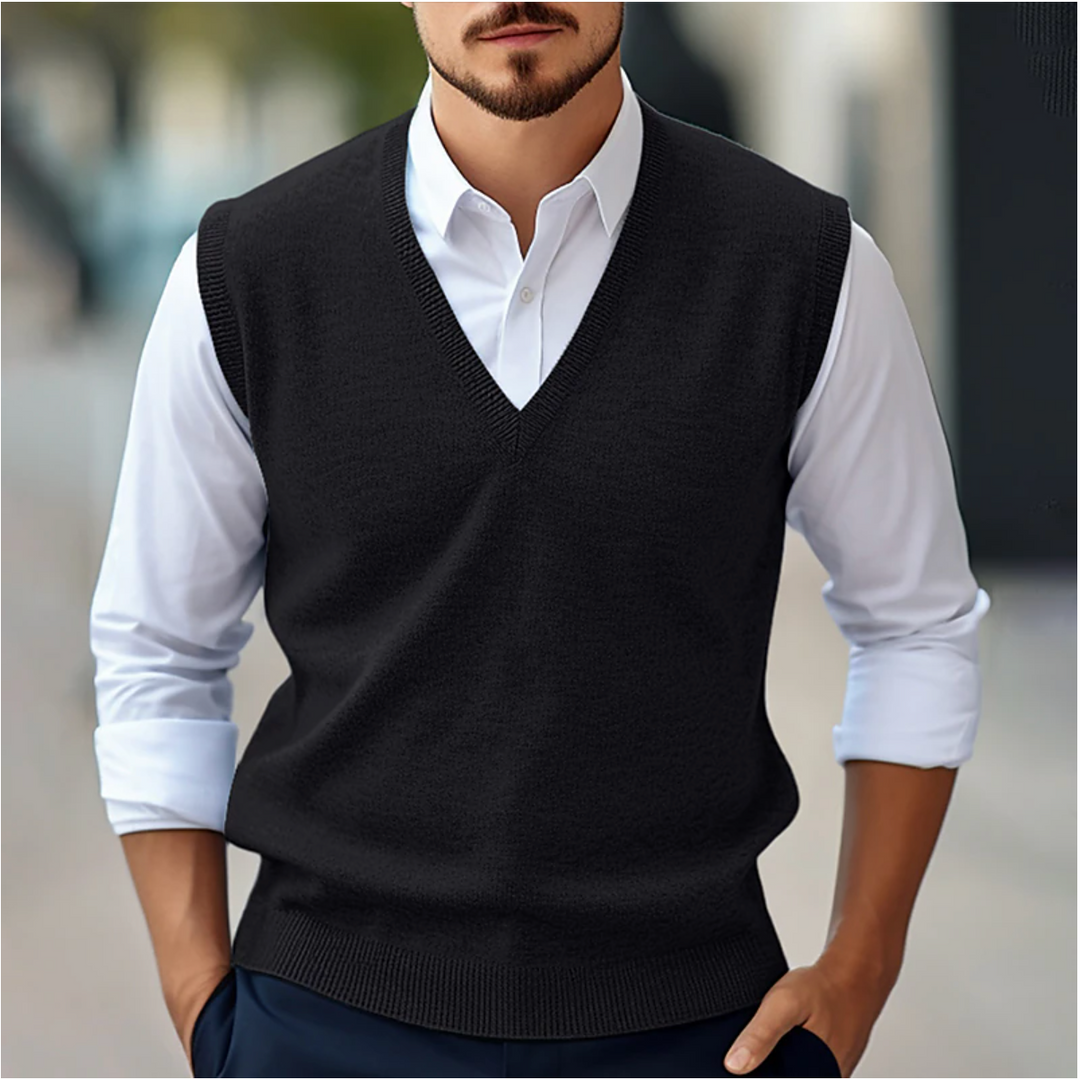 Black men's V-neck layering vest, a stylish sleeveless piece for modern men's fashion.