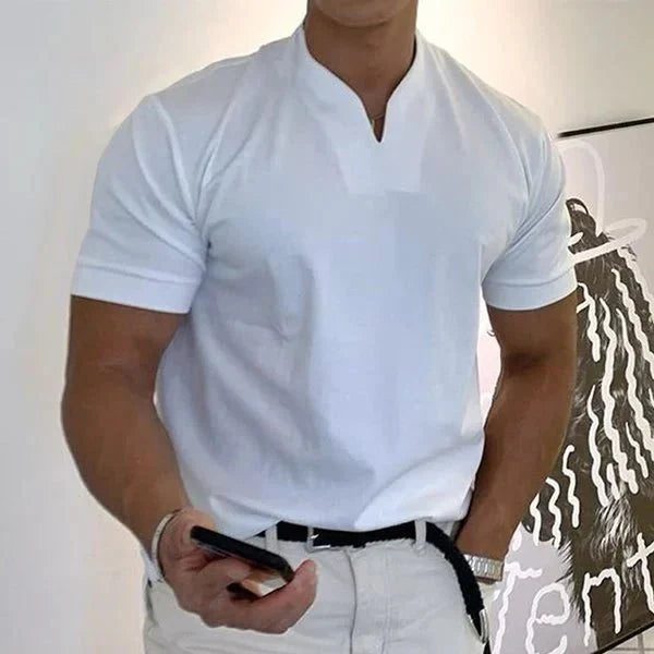 Men's V-neck quick-dry performance t-shirt, ideal for athletic activities & summer comfort.