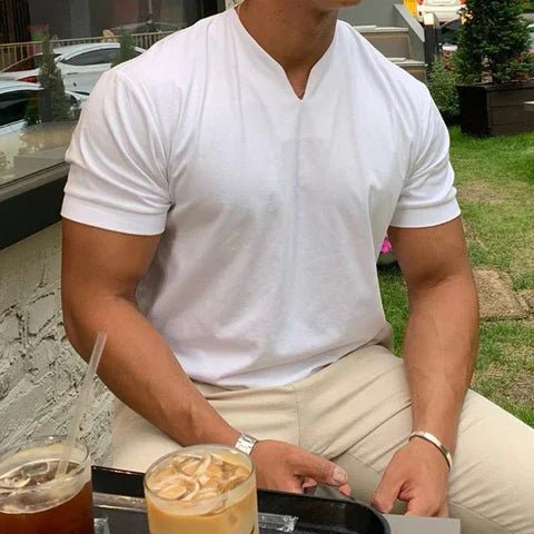 Moisture-wicking men's performance V-neck shirt, short sleeve, quick-dry activewear.