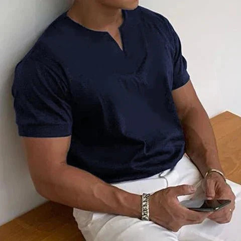 Stylish men's V-neck performance t-shirt, quick-dry fabric, perfect for summer & workouts.