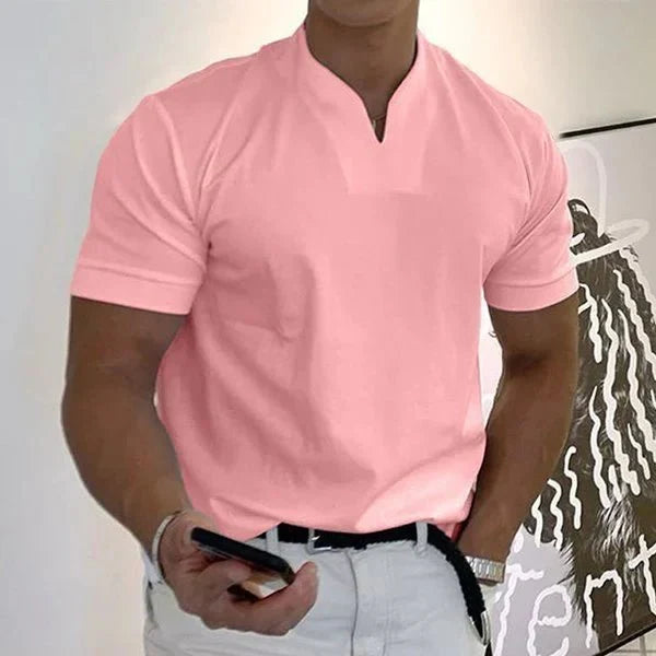 Men's activewear V-neck tee with quick-dry & moisture-wicking properties for fitness.