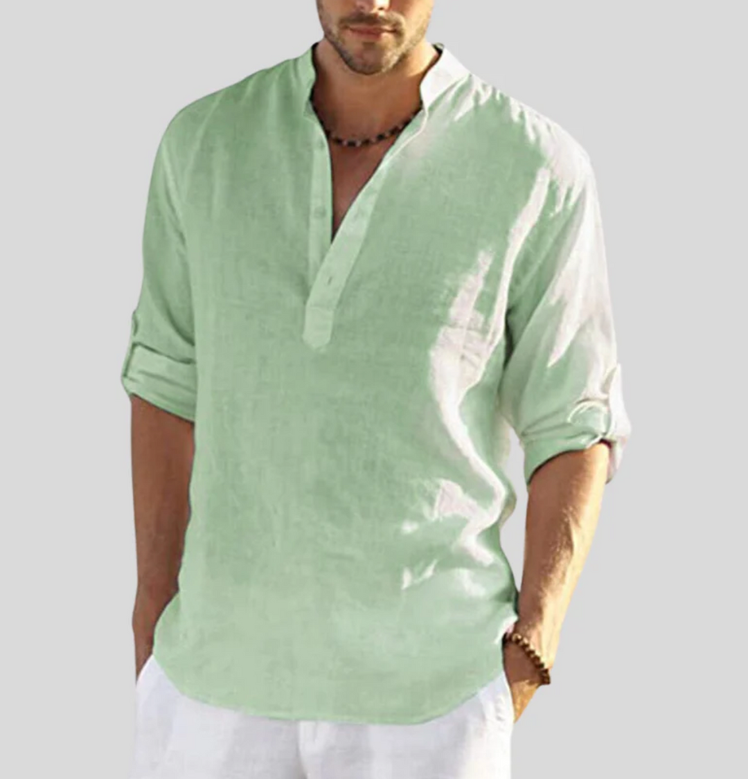 Men's V-Neck Short Sleeve Button-Up Summer Shirt, ideal for warm weather, beachwear & casual style.
