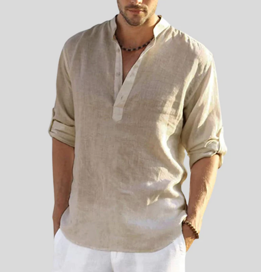 Lightweight, relaxed fit men's V-neck summer shirt. Breathable short sleeve button-up for casual fashion.