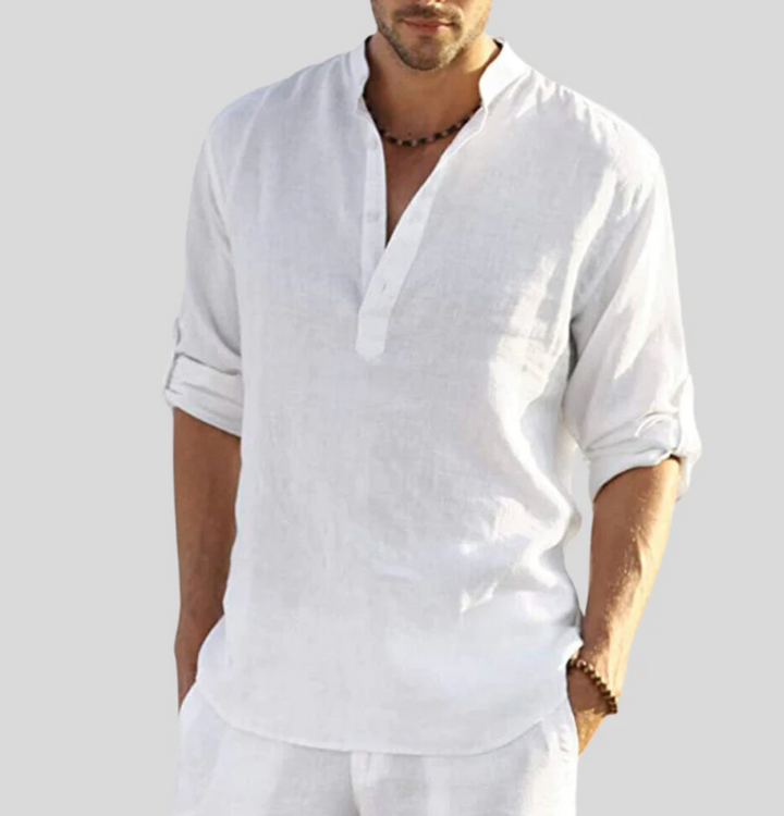 Casual men's V-neck short sleeve button-up shirt, perfect for summer fashion, beach & warm weather.