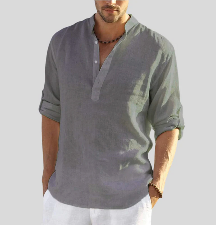 Back view of a versatile men's V-neck short sleeve button-up summer shirt, perfect for warm weather fashion.
