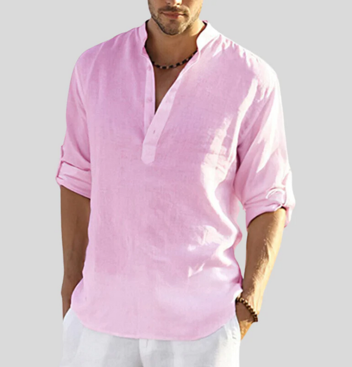 Comfortable & breathable men's V-neck short sleeve button-up summer shirt, great for casual warm weather wear.