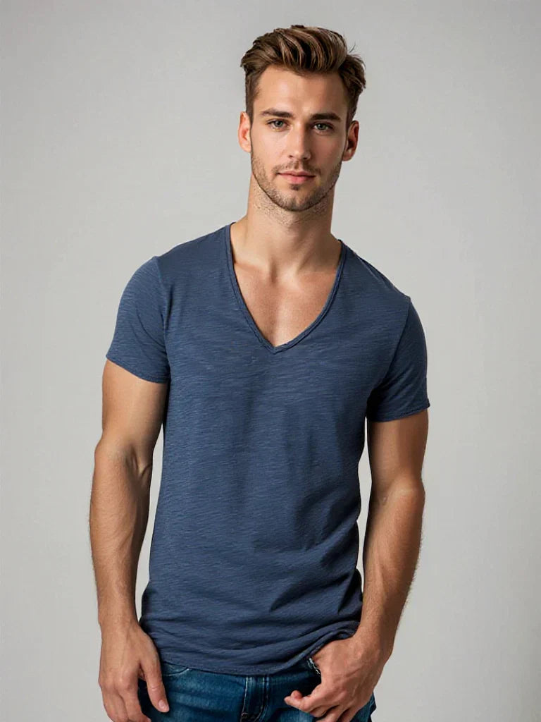 Men's V-neck t-shirt, a comfortable and breathable short sleeve tee for versatile everyday wear.