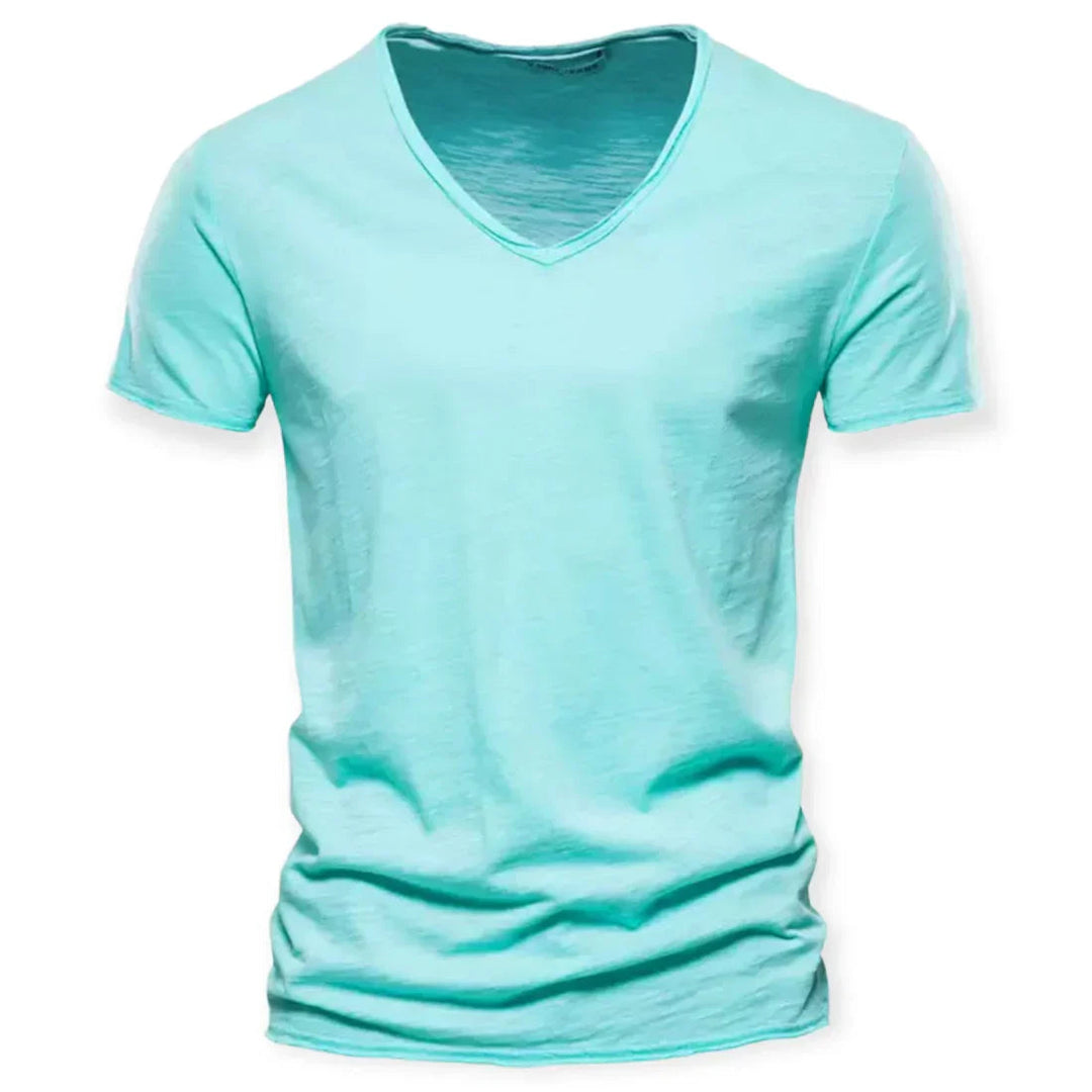 Men's V-neck t-shirt, a basic essential for comfortable, breathable, and versatile summer fashion.