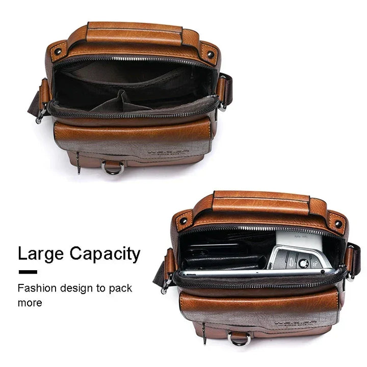 Man wearing a sleek cross-body shoulder bag, ideal for organized office work or daily casual outings.