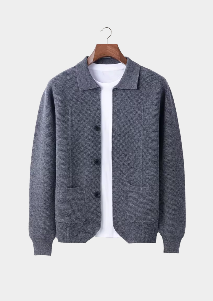 Men's versatile button-up cardigan sweater in a neutral color, perfect for casual or layered outfits.