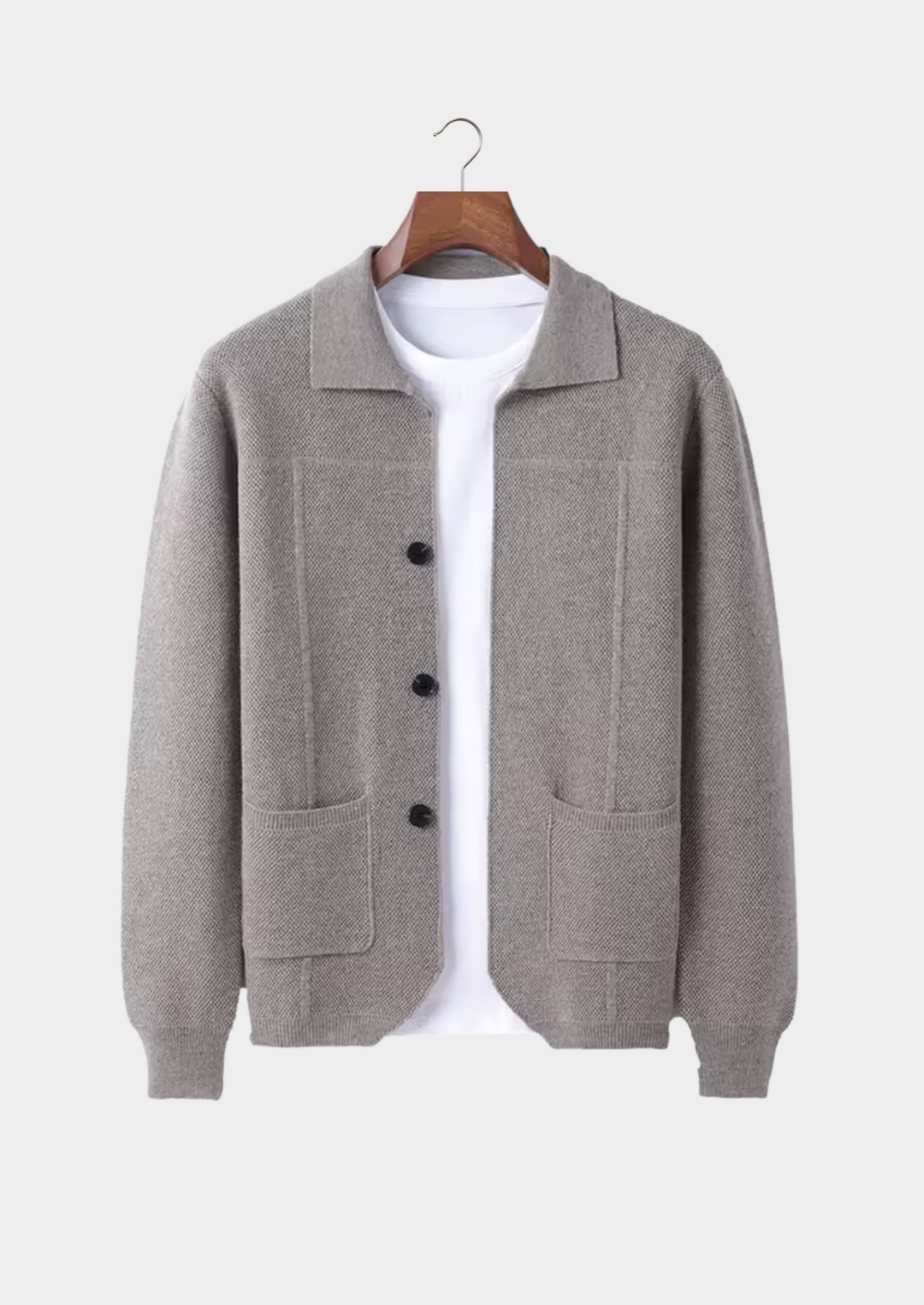 Stylish men's button-up cardigan sweater with a classic collar, ideal for all-season layering.