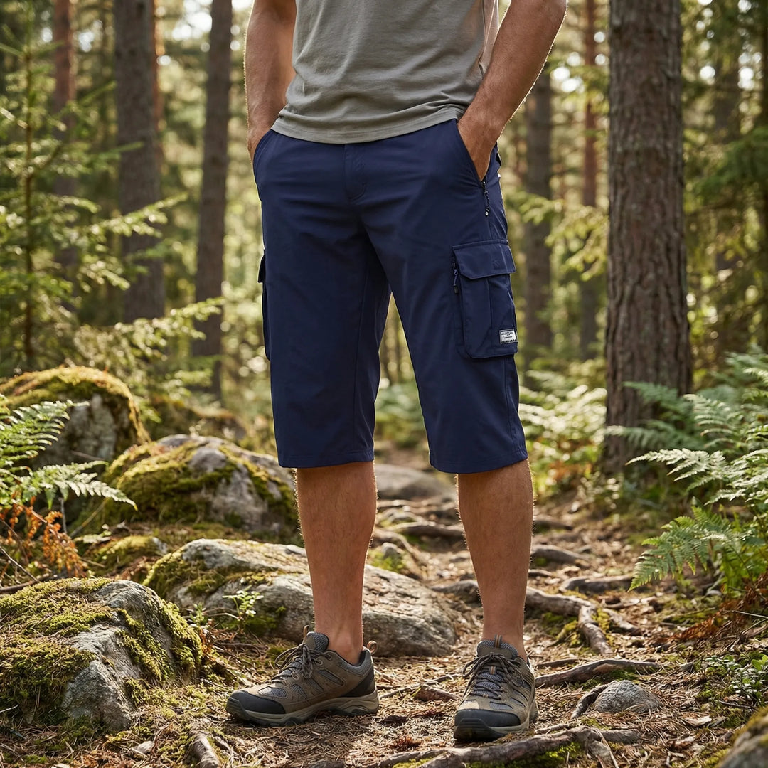 Men's versatile cargo shorts, side pockets, quick dry fabric, perfect for summer adventures.