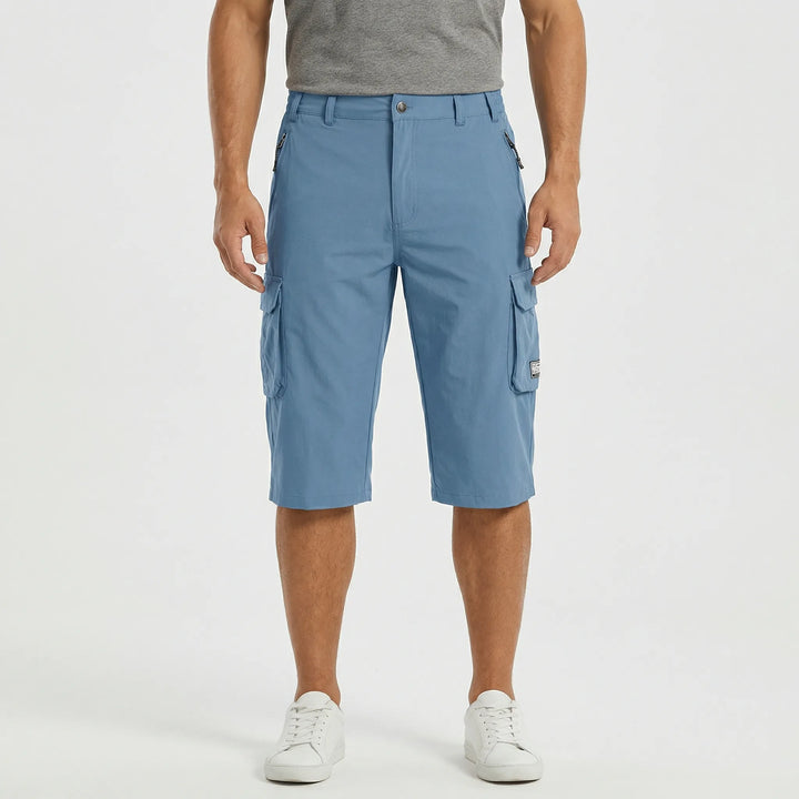 Comfortable men's travel shorts, quick-dry fabric, versatile cargo style with side pockets.