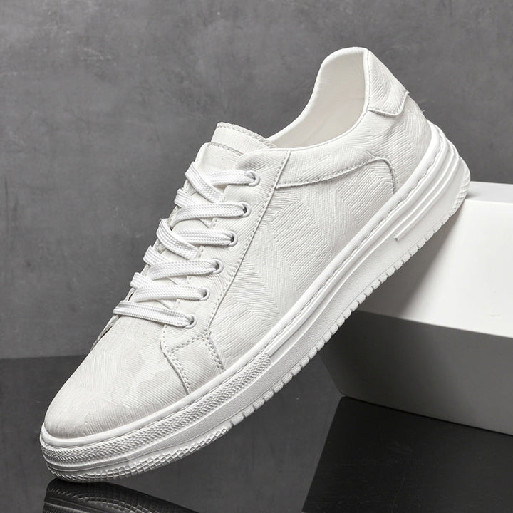 Beige comfort men's casual sneakers, versatile lace-up footwear for daily wear.