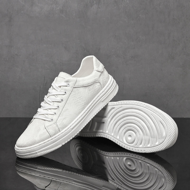 White modern men's casual sneakers, stylish and versatile footwear for everyday comfort.