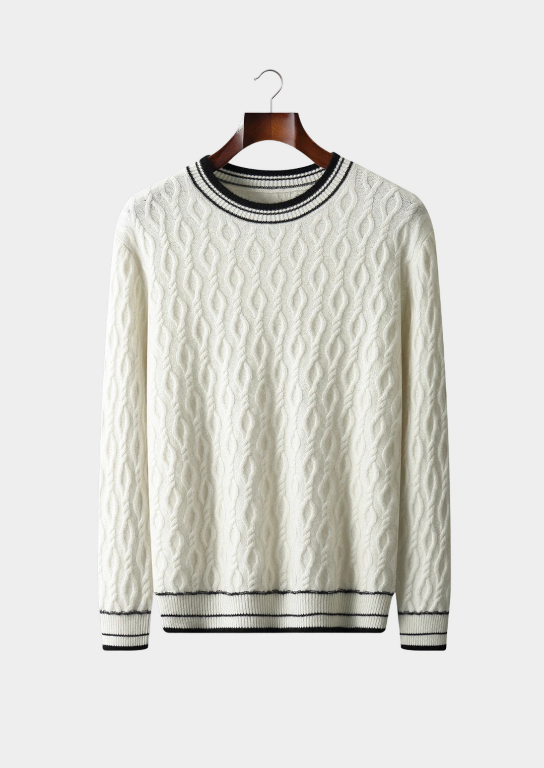 Men's versatile crew neck sweater with stylish striped trim. Perfect for casual or smart casual looks.