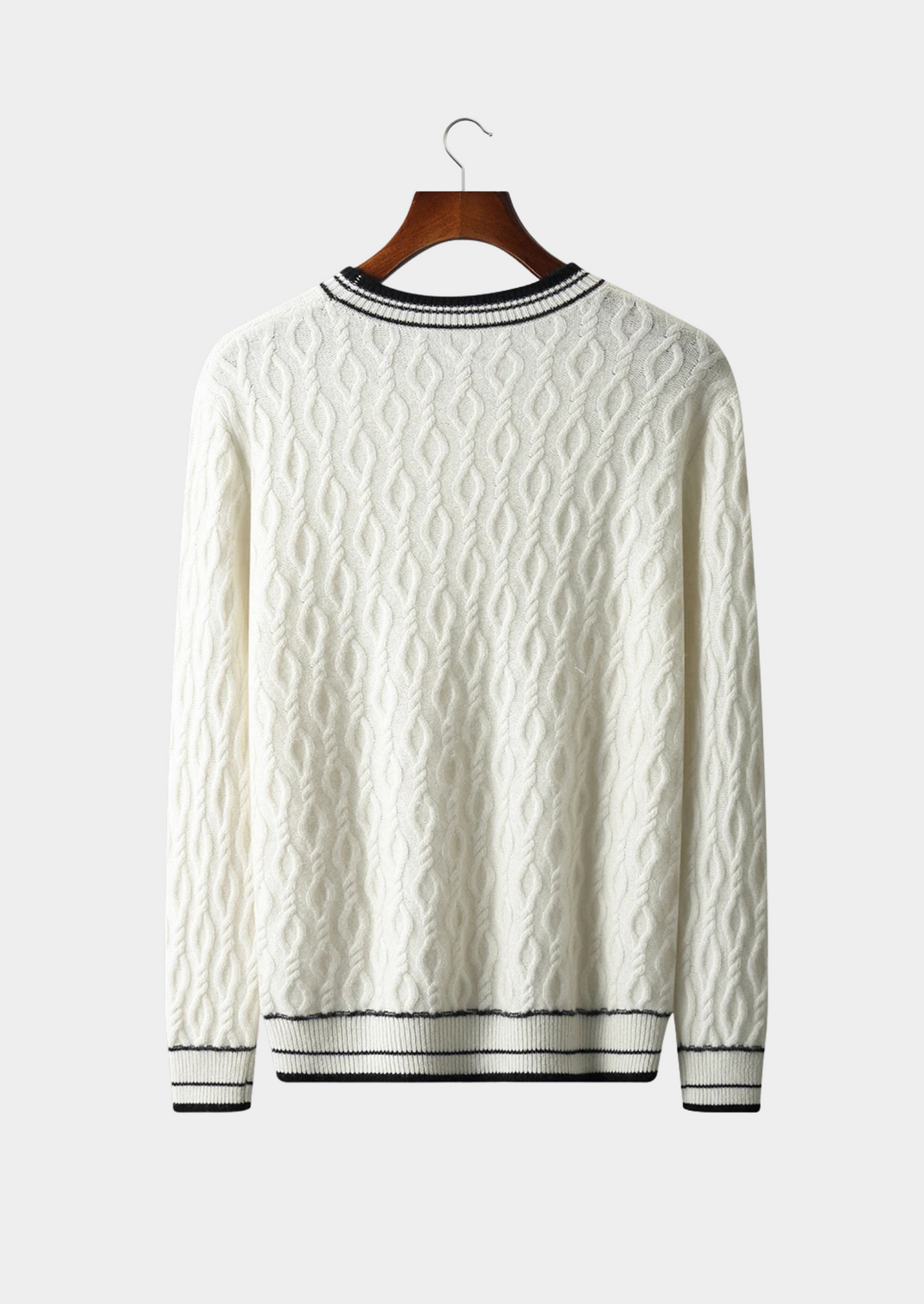 Textured men's crew neck sweater, featuring modern striped trim. Ideal for stylish layering all season long.