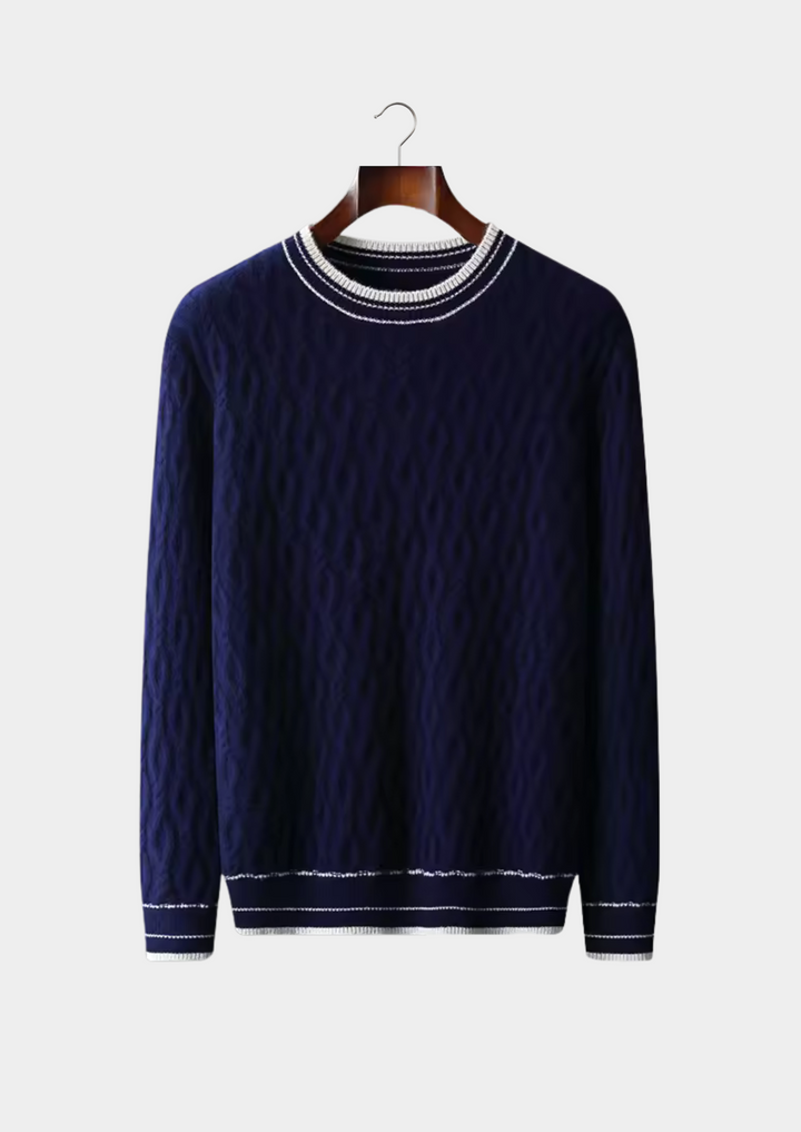 Stylish men's crew neck sweater, showcasing crisp striped trim on sleeves and collar. A versatile wardrobe essential.