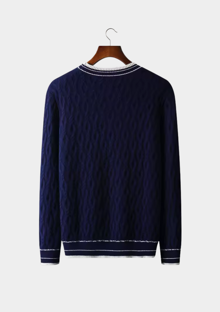 Classic men's striped trim crew neck sweater. Comfortable and versatile for everyday wear and smart casual outfits.