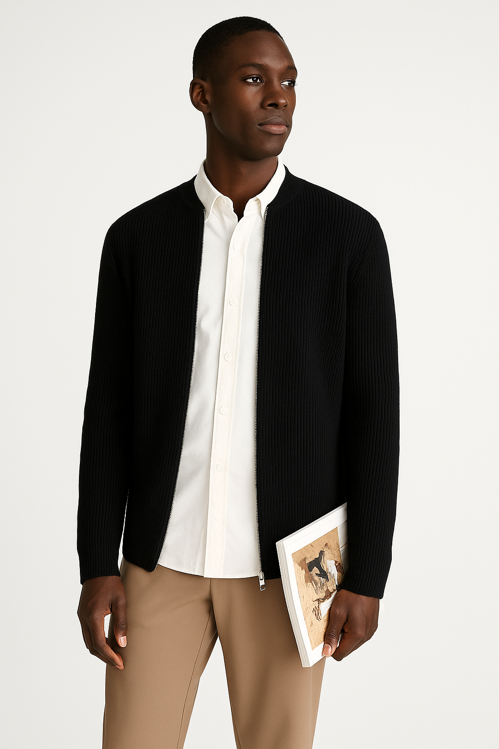Men's versatile double zipper cardigan sweater in a neutral color, perfect for casual or smart-casual layering fashion.