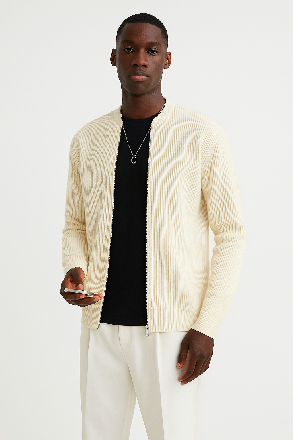 Stylish men's long sleeve cardigan with a double zipper, ideal for modern layering and men's casual outerwear.