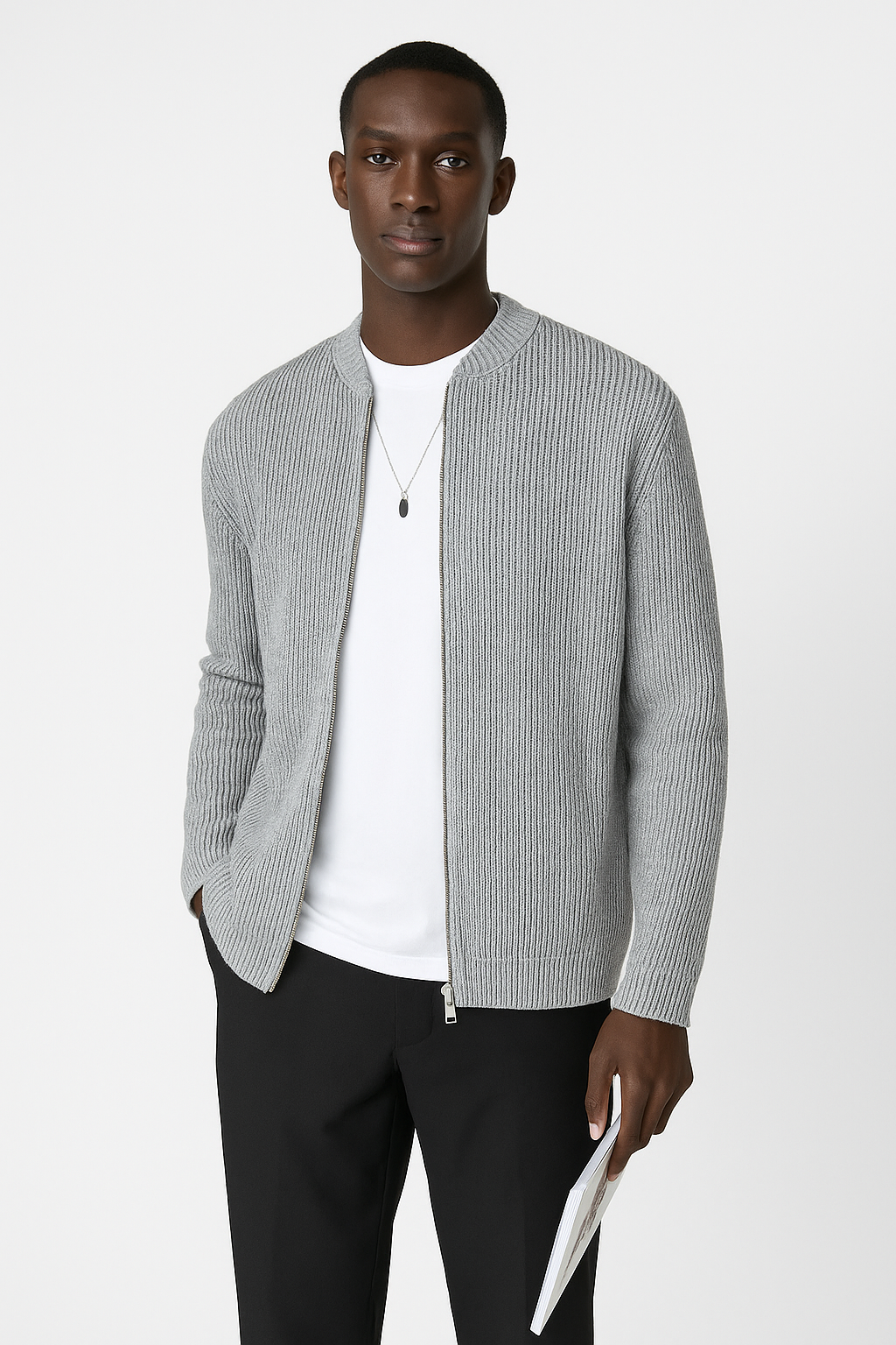 Comfortable men's knit cardigan sweater with a stylish double zipper, great for versatile and effortless mens fashion layering.