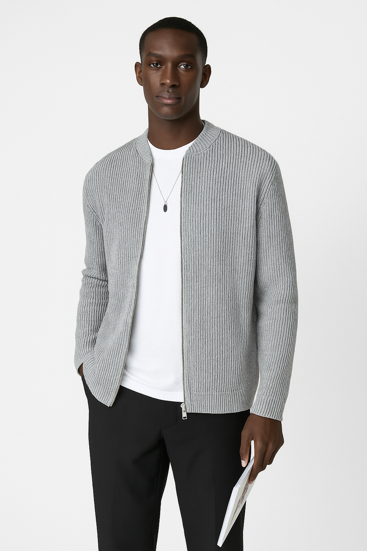 Comfortable men's knit cardigan sweater with a stylish double zipper, great for versatile and effortless mens fashion layering.