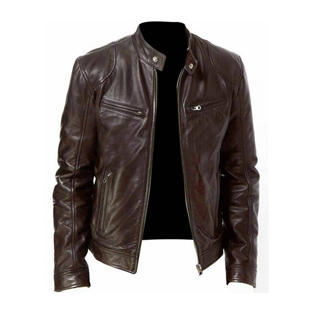 Stylish dark brown men's racer jacket; a timeless, casual outerwear piece for everyday fashion.