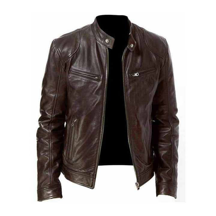 Stylish dark brown men's racer jacket; a timeless, casual outerwear piece for everyday fashion.