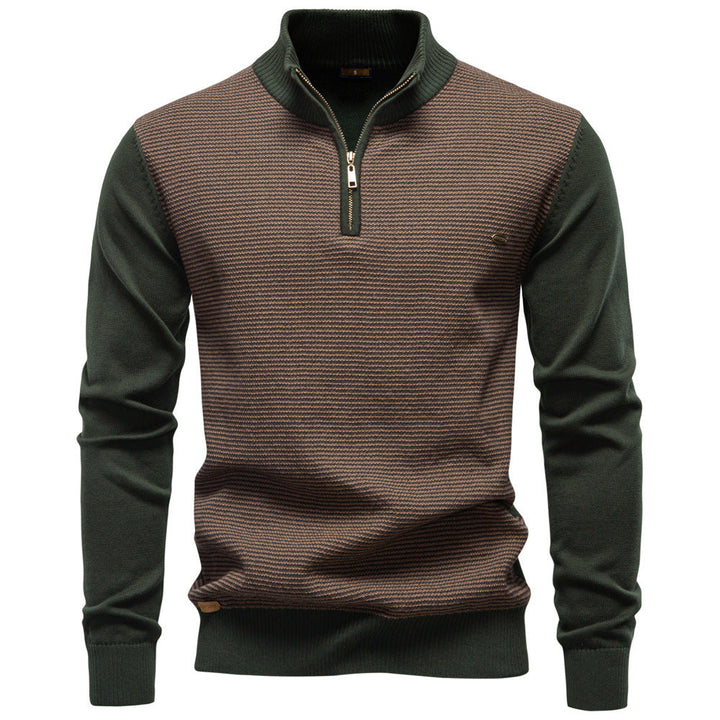 Modern men's half-zip pullover. Stylish long-sleeve sweater for versatile smart-casual fashion.